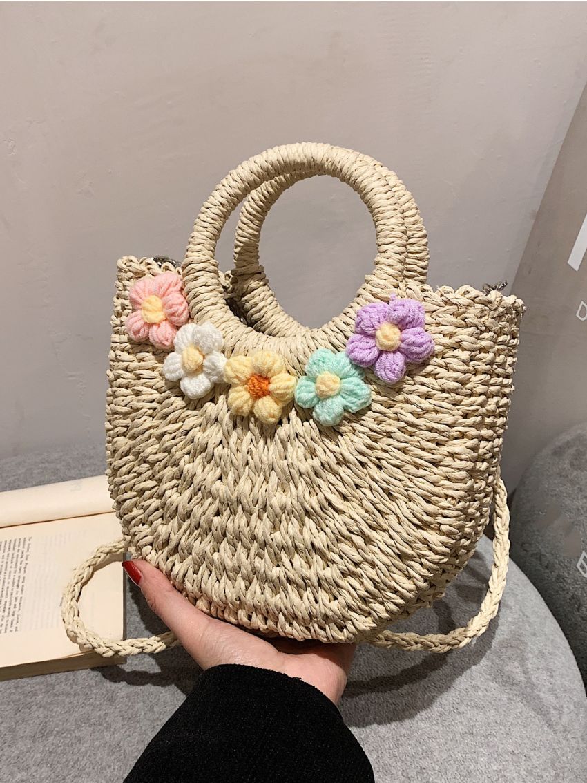 Flower Decor Straw Bag For Beach Vacation Travel