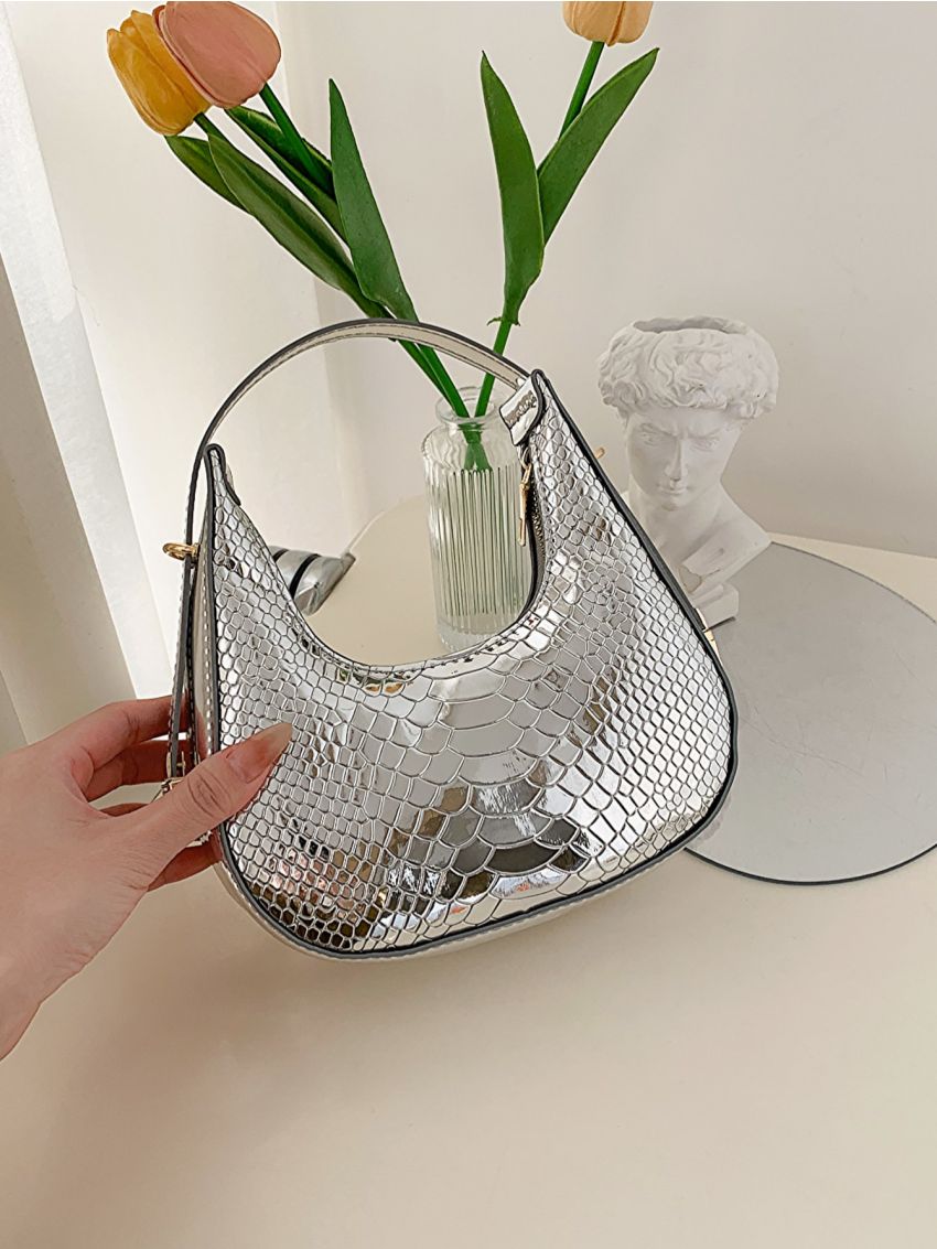 Mini Hobo Bag Metallic Crocodile Embossed Funky Style