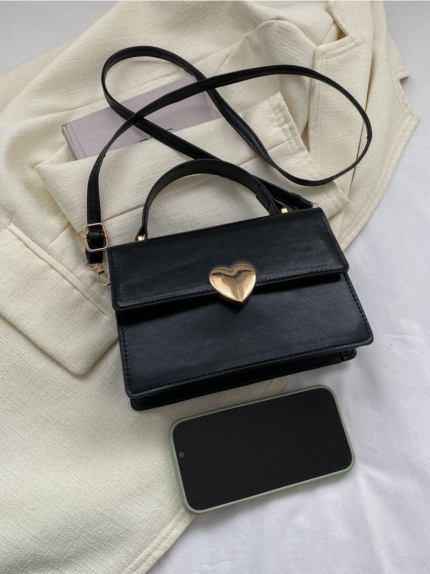 Small Square Bag Funky Neon-orange Heart Lock Top Handle Flap PU