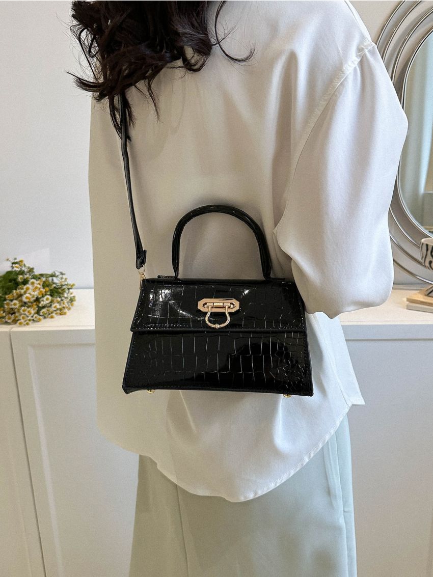 Crocodile Embossed Square Bag Small Flap Elegant