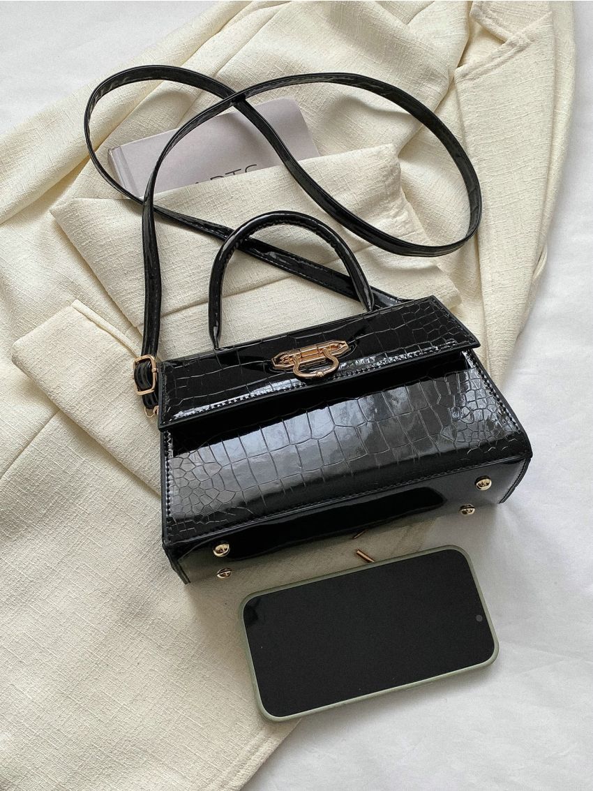 Crocodile Embossed Square Bag Small Flap Elegant