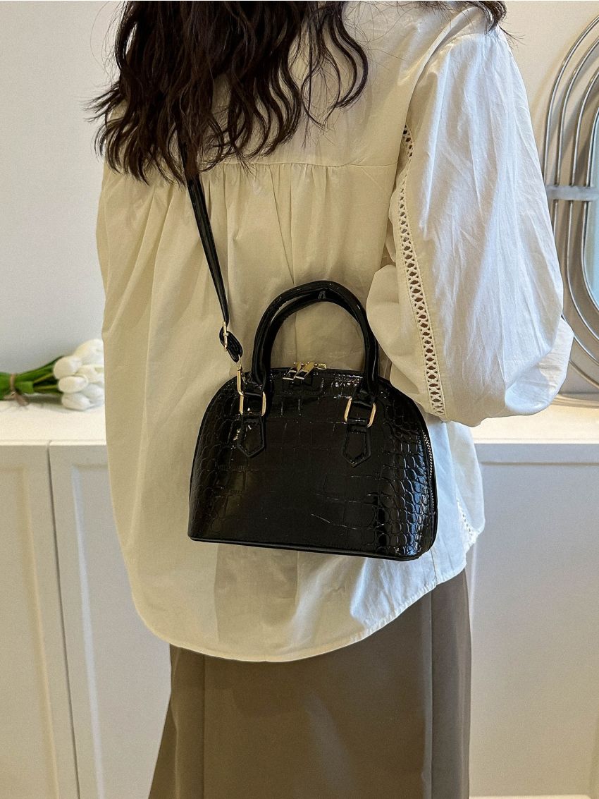 Small Crocodile Embossed Dome Bag Black Elegant Double Handle For Daily