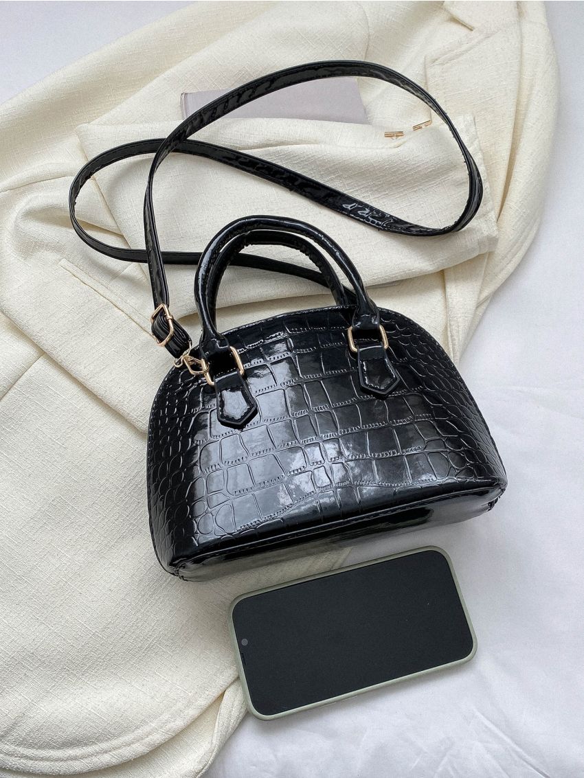 Small Crocodile Embossed Dome Bag Black Elegant Double Handle For Daily