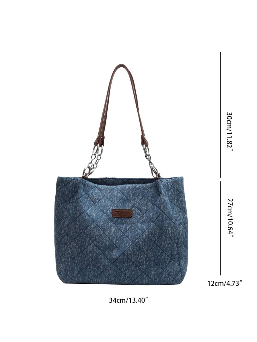 Small Shoulder Tote Bag Quilted Pattern Letter Patch Decor