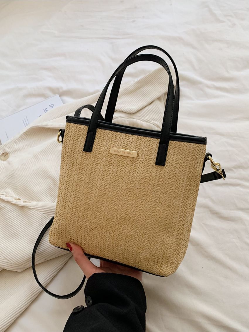 Small Straw Bag Paper Contrast Binding Metal Decor
