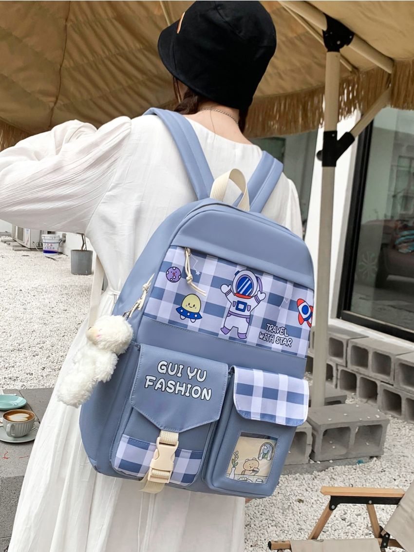 5pcs Bag Set Functional Backpack Plaid Pattern Preppy for School With Bag Charm