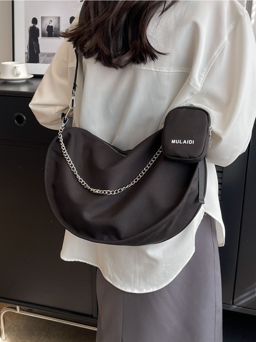 Minimalist Hobo Bag Chain Decor With Small Pouch