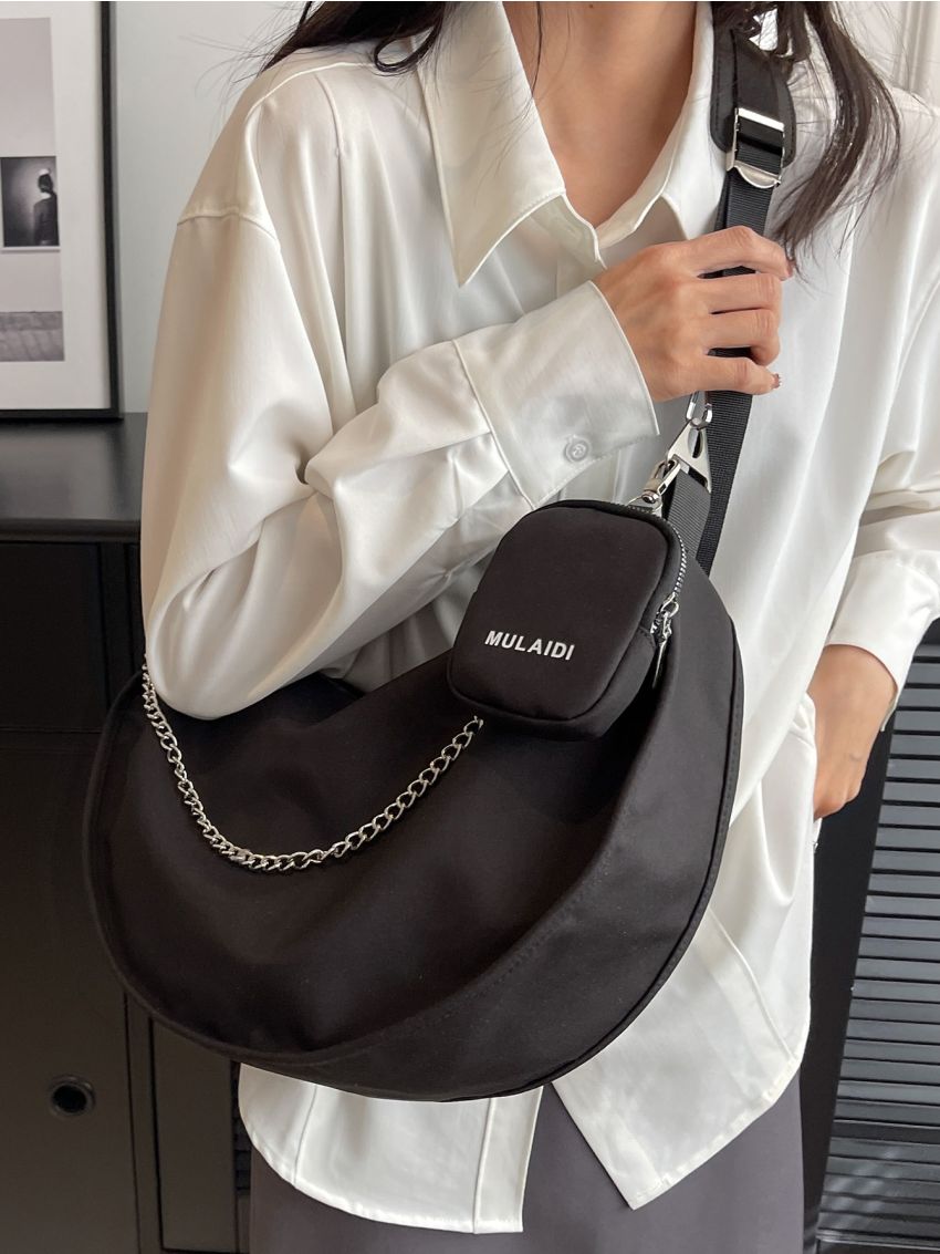 Minimalist Hobo Bag Chain Decor With Small Pouch