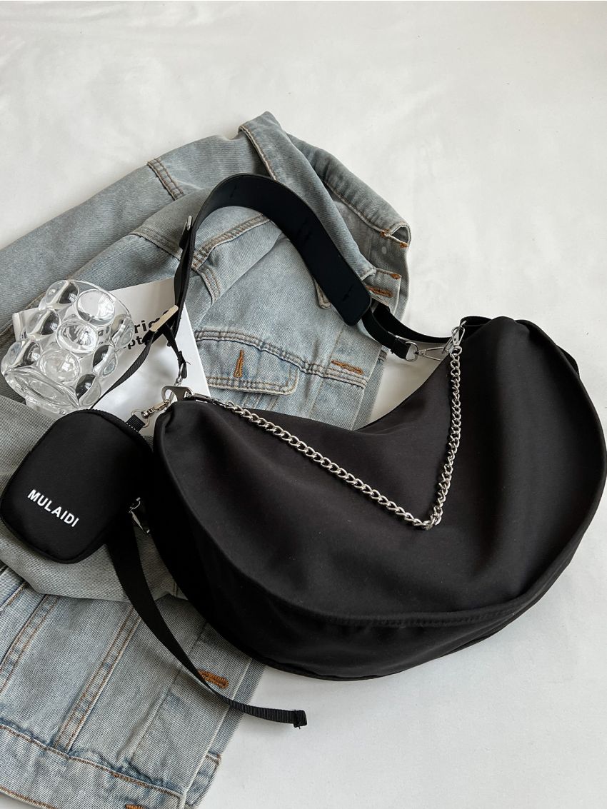 Minimalist Hobo Bag Chain Decor With Small Pouch