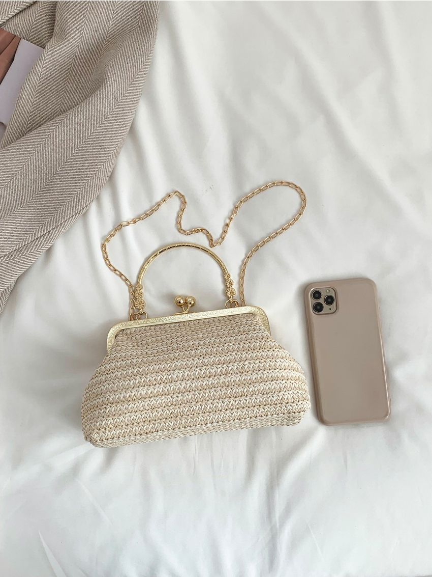 Small Straw Bag Vacation Kiss Lock Top Handle Chain PP