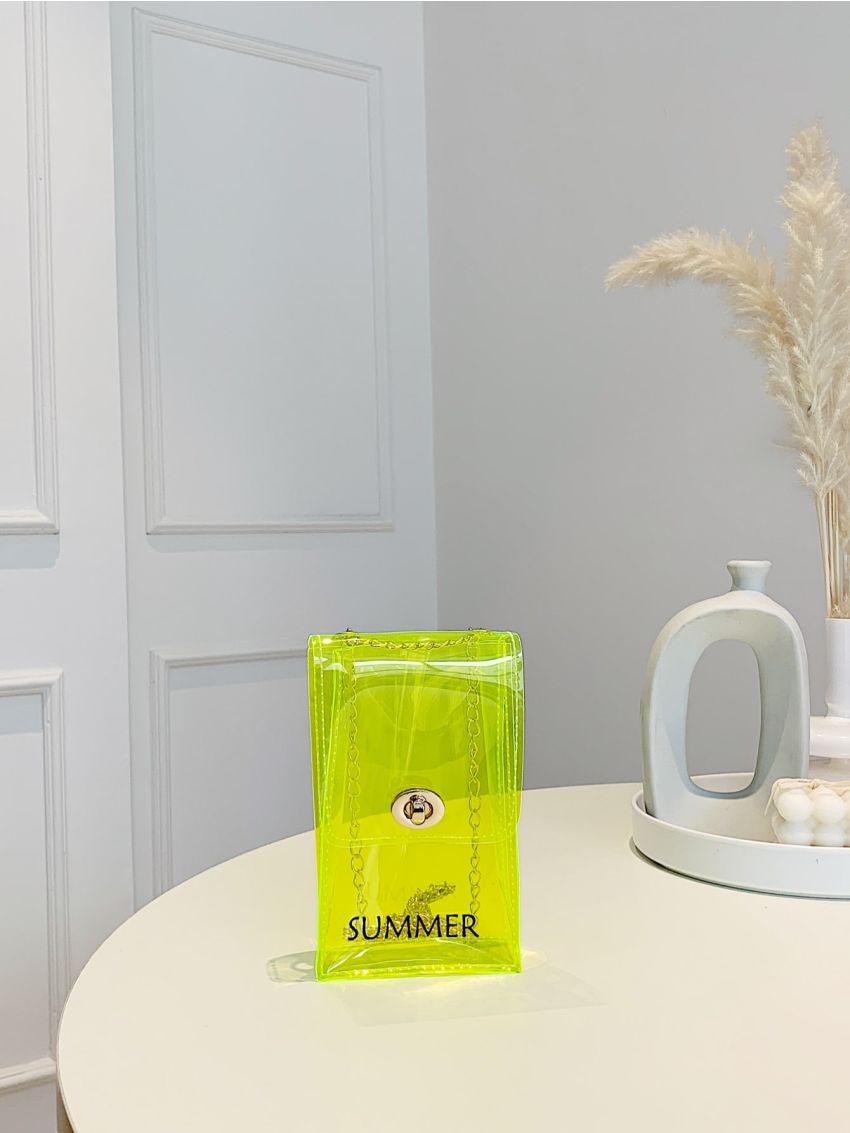 Letter Print Phone Wallet Neon Green Chain Strap