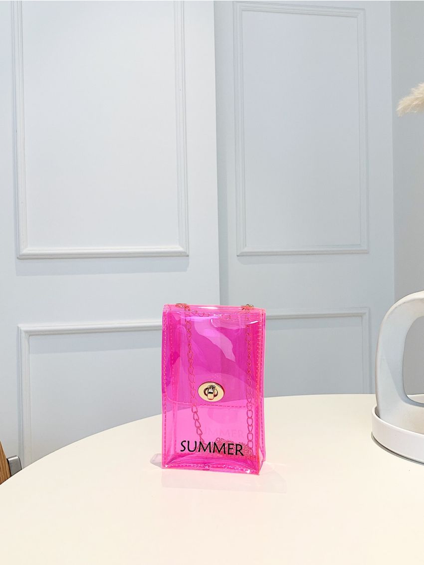 Letter Print Phone Wallet Neon Pink Chain Strap