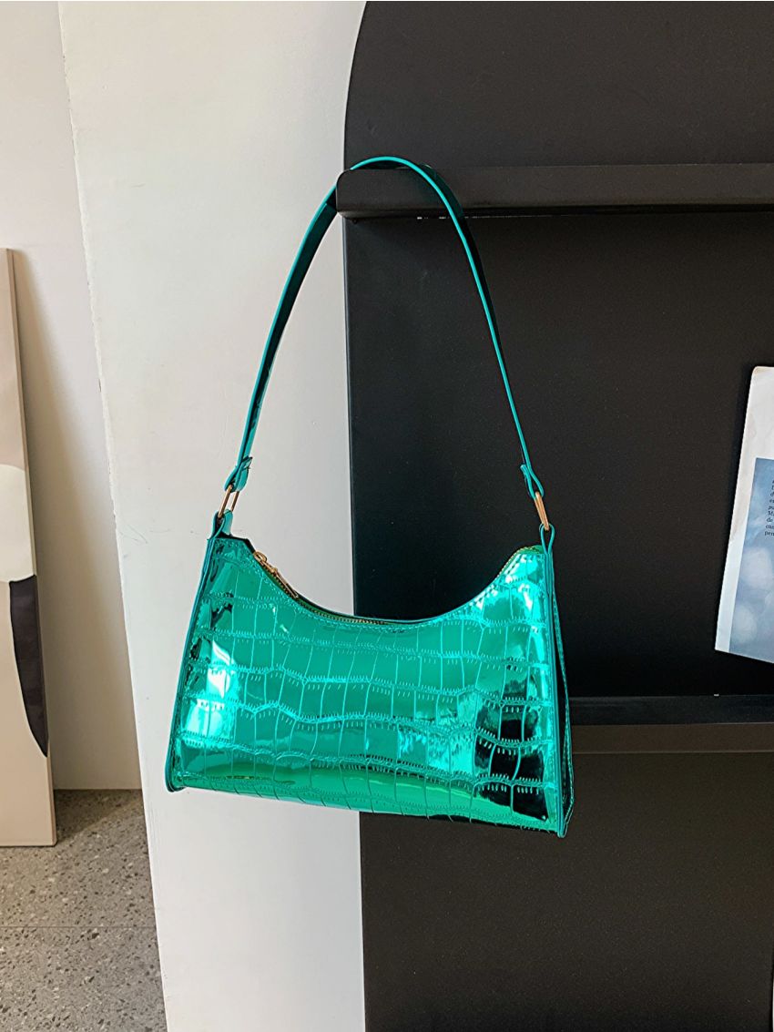 Crocodile Embossed Baguette Bag Metallic Funky Top Handle