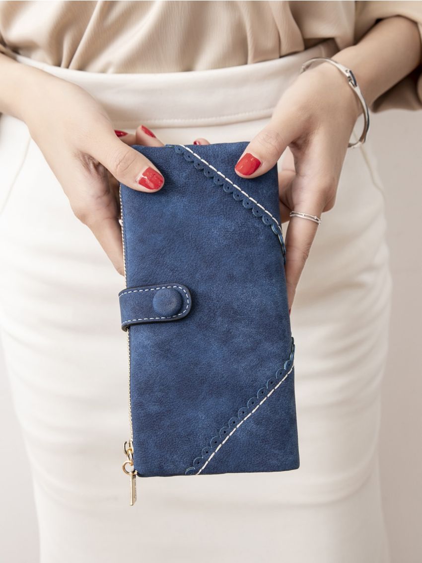 Blue Long Wallet Stitch Detail Credit Card Holder