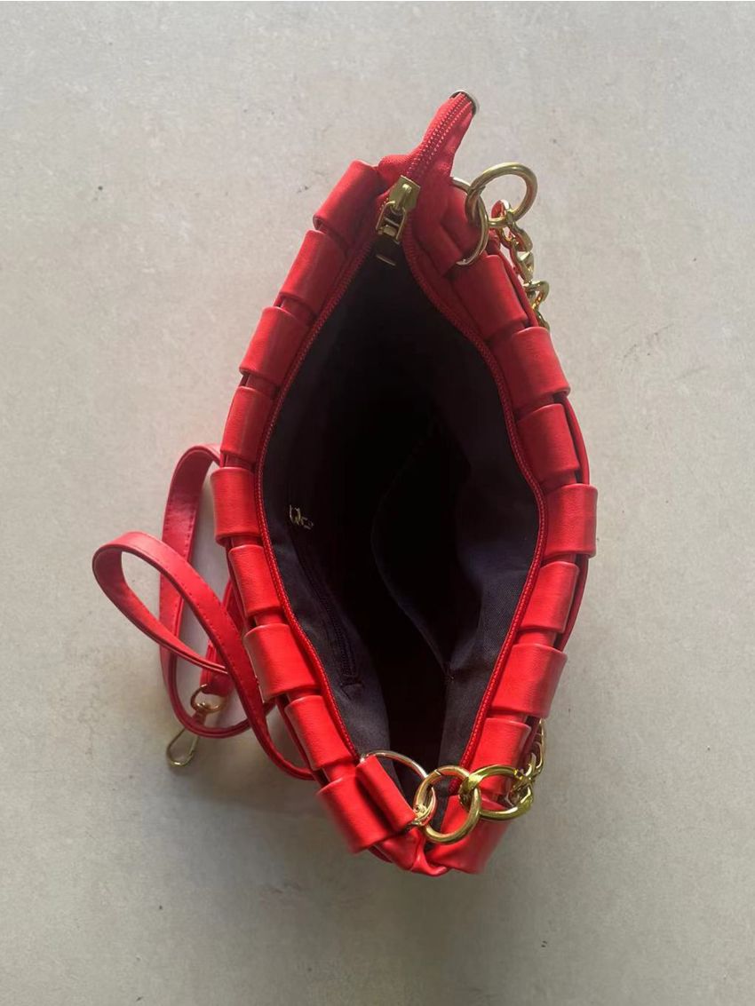 Braided Design Square Bag PU Chain Red For Daily Life