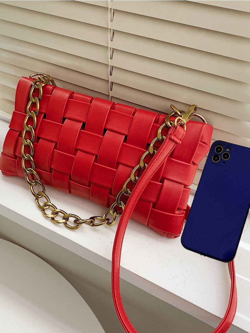 Braided Design Square Bag PU Chain Red For Daily Life