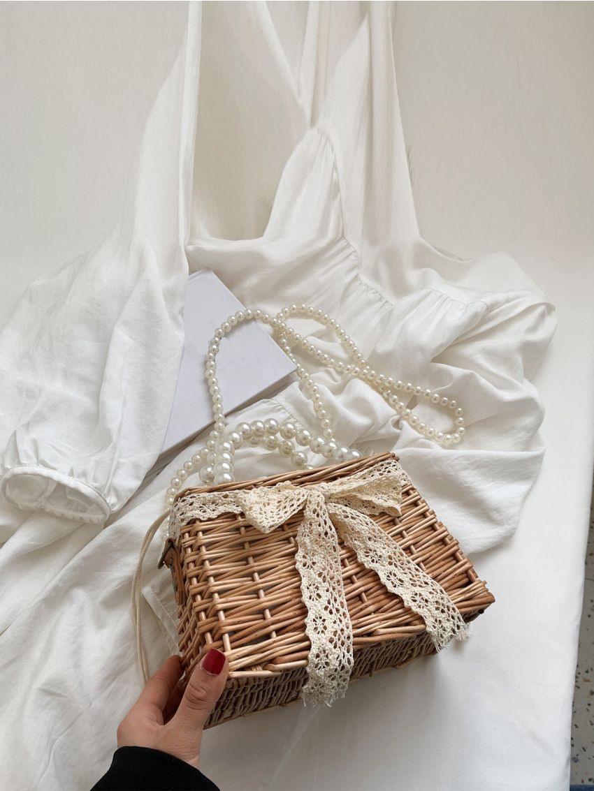 Small Straw Bag Vacation Faux Pearl & Twilly Scarf Decor Drawstring Chain Wooden For Summer