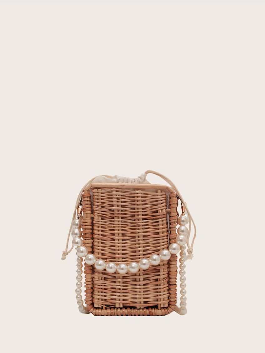 Mini Drawstring Design Pearl Strap Straw Bag