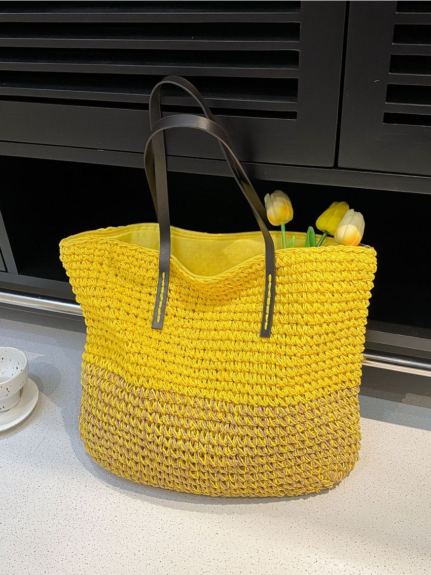 Oversized Straw Bag Vacation Color Block For Beach