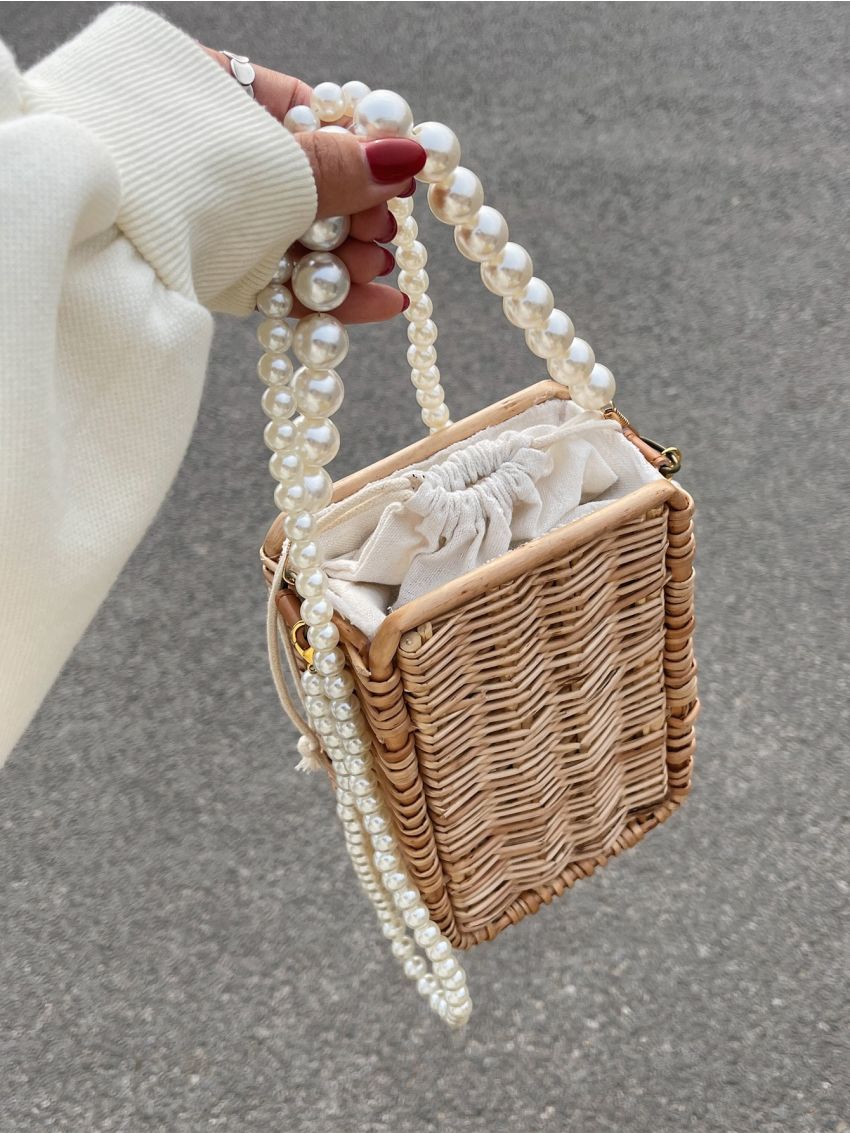 Mini Drawstring Design Pearl Strap Straw Bag