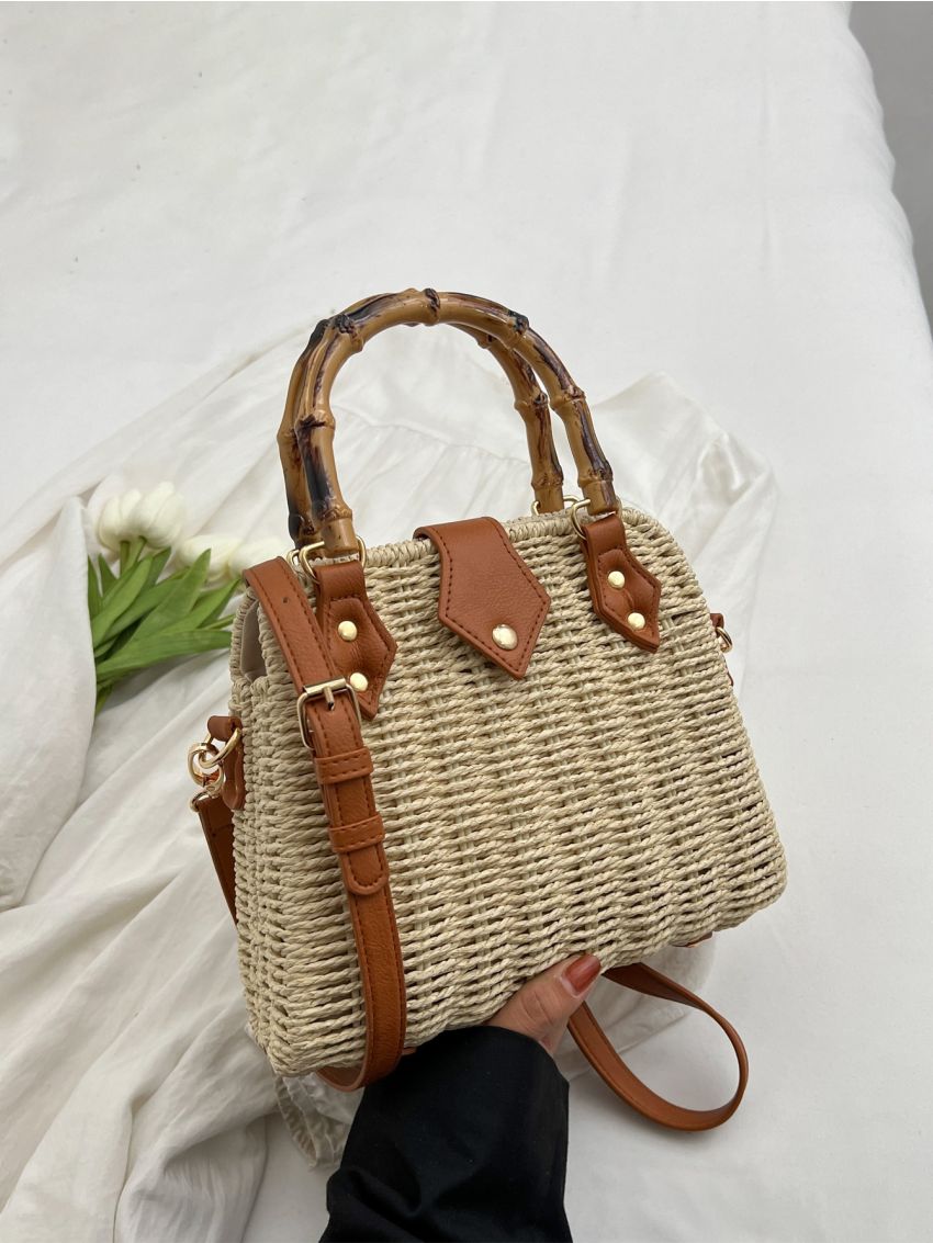 Studded Decor Straw Bag Bamboo Joint Design Double Handle Vacation For Summer