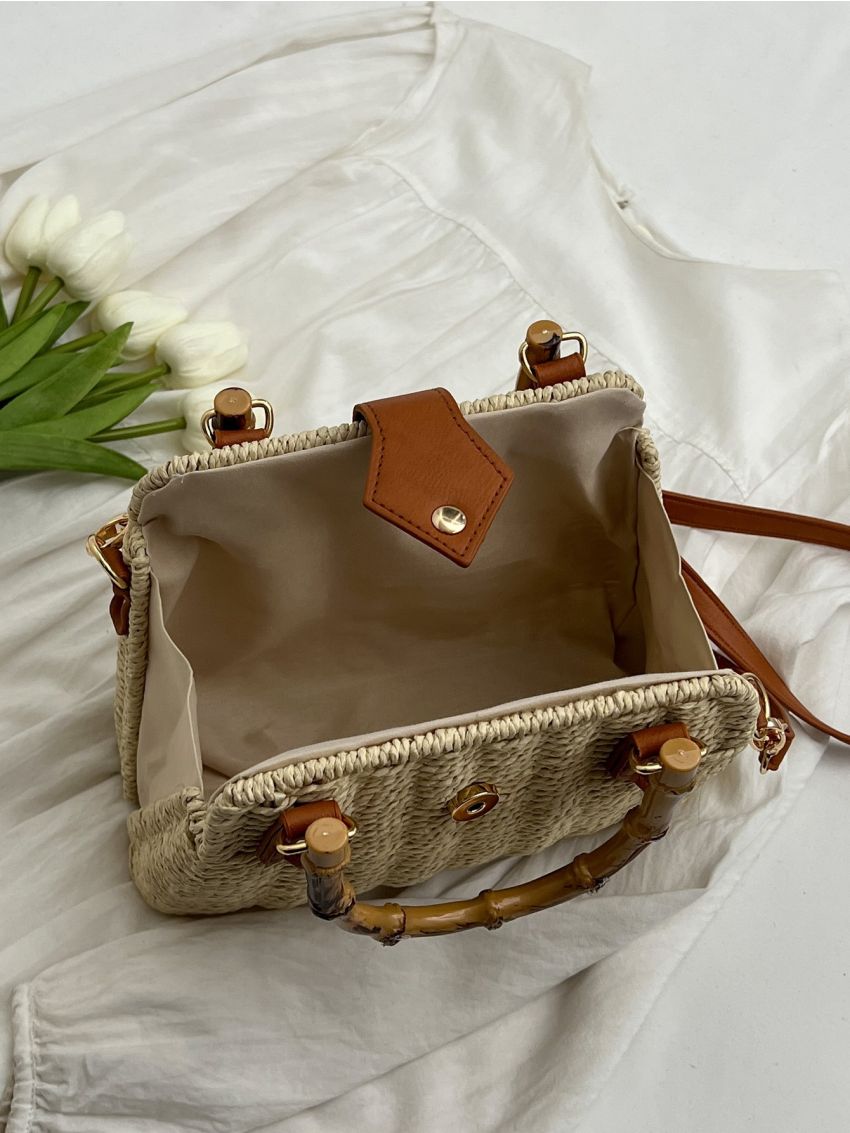 Studded Decor Straw Bag Bamboo Joint Design Double Handle Vacation For Summer