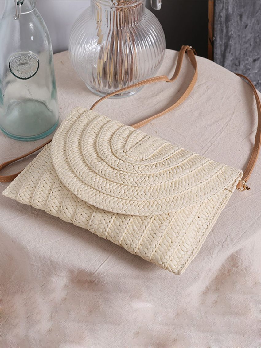 Beige Straw Bag Adjustable Strap Flap Vacation For Summer
