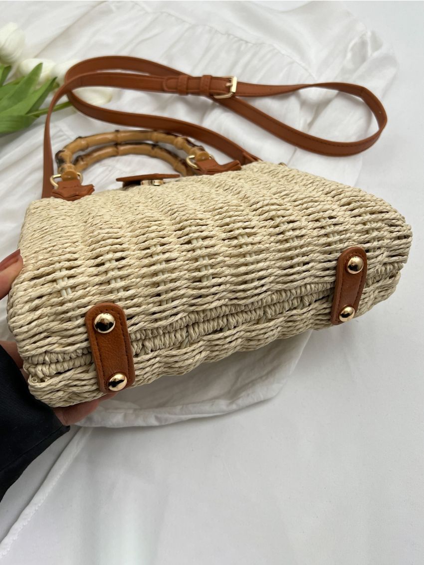 Studded Decor Straw Bag Bamboo Joint Design Double Handle Vacation For Summer