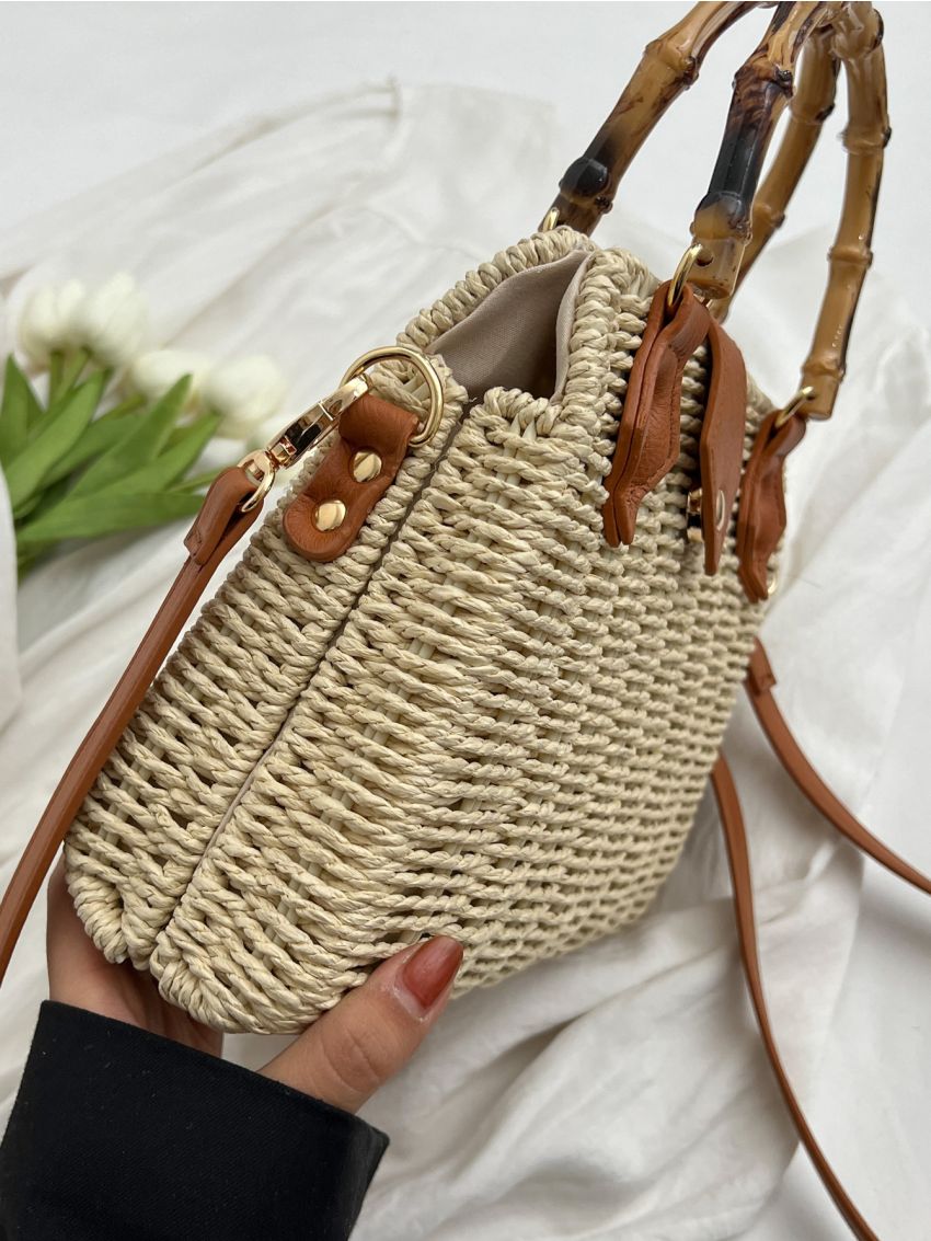 Studded Decor Straw Bag Bamboo Joint Design Double Handle Vacation For Summer