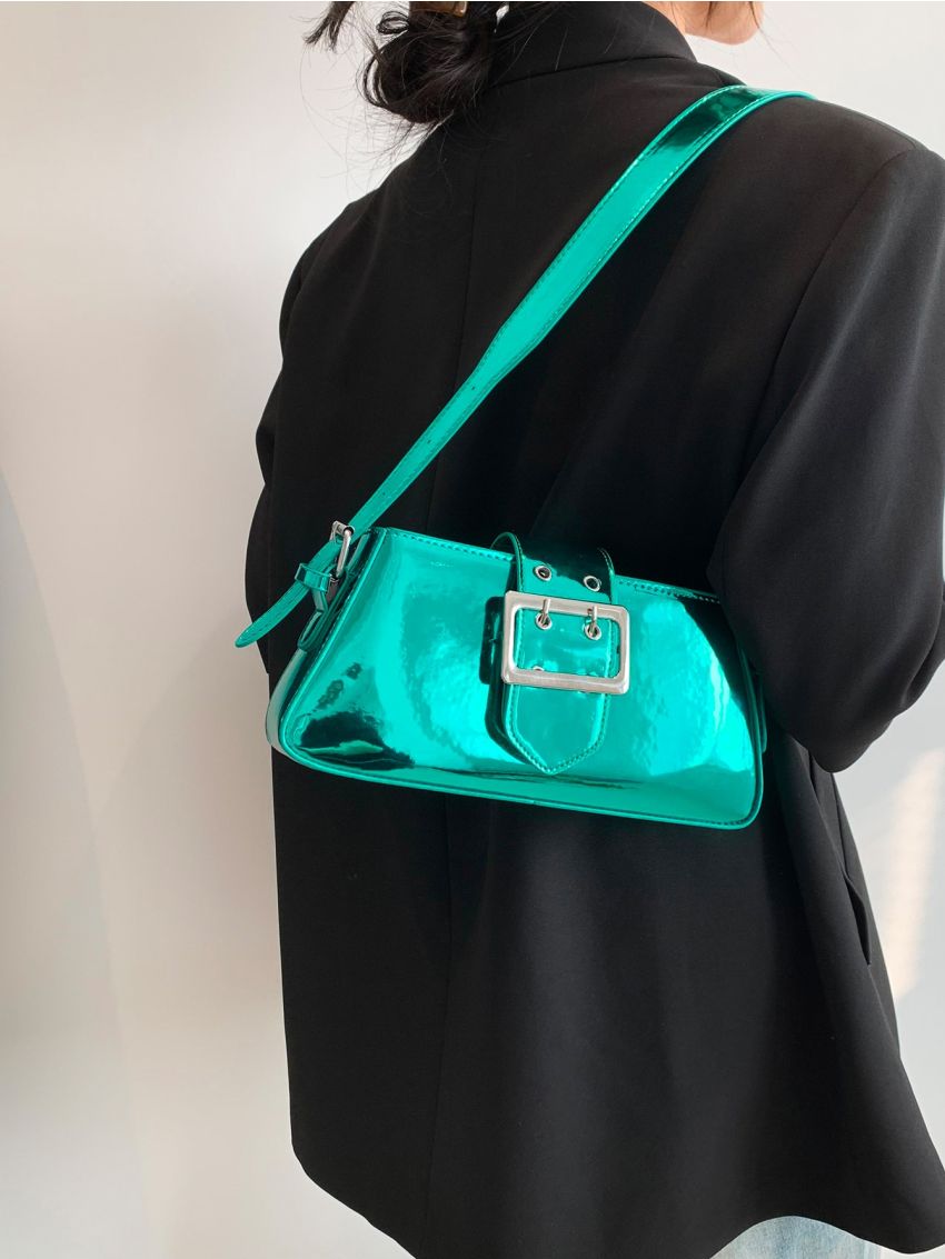 Metallic Baguette Bag Eyelet & Buckle Decor PU Funky For Daily Life