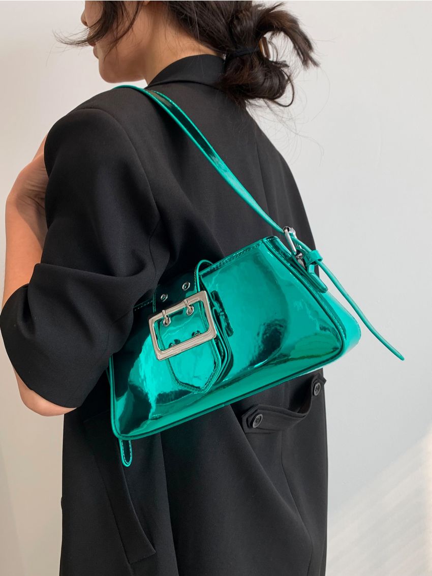 Metallic Baguette Bag Eyelet & Buckle Decor PU Funky For Daily Life