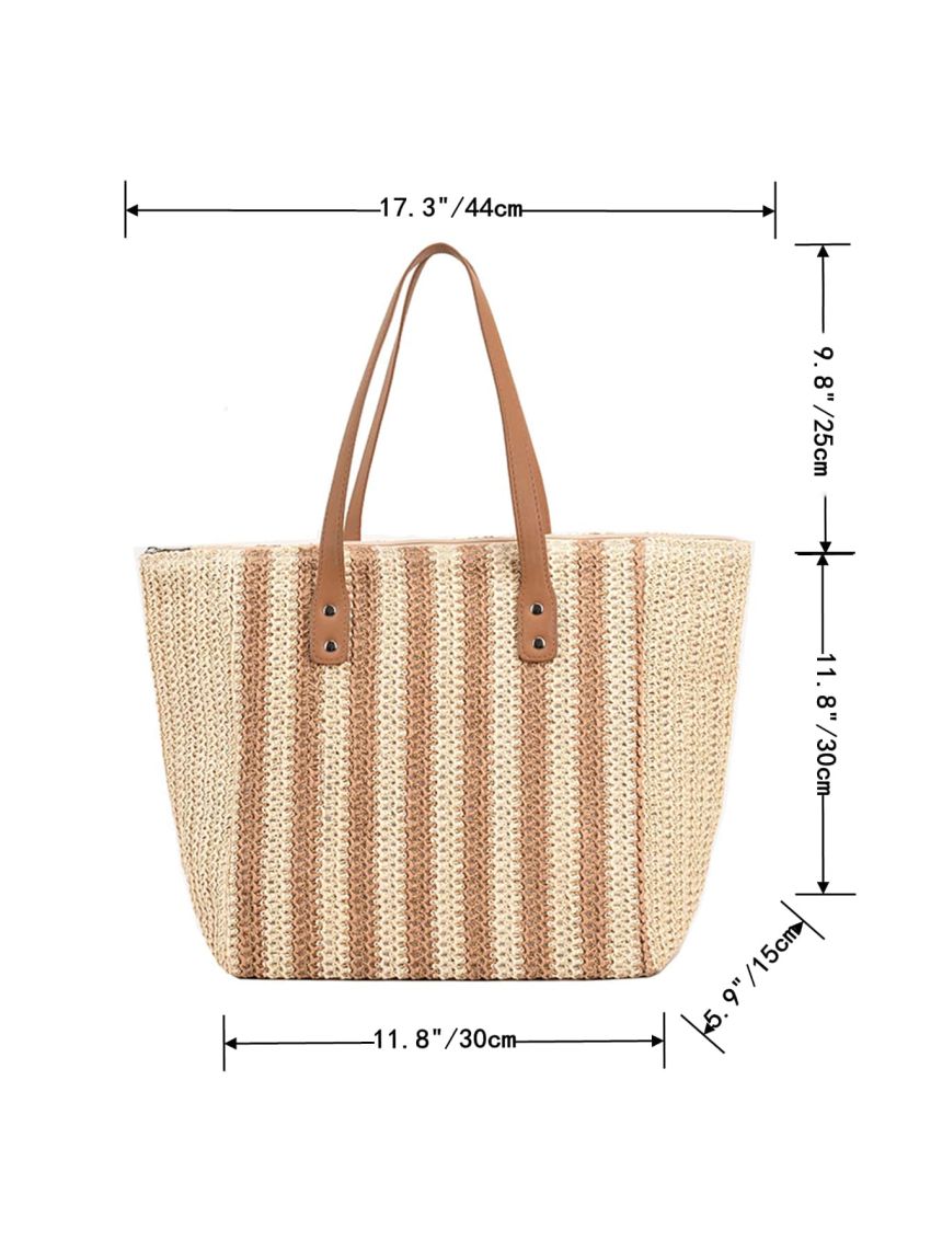Large Capacity Straw Bag Vacation Striped Pattern For Beach