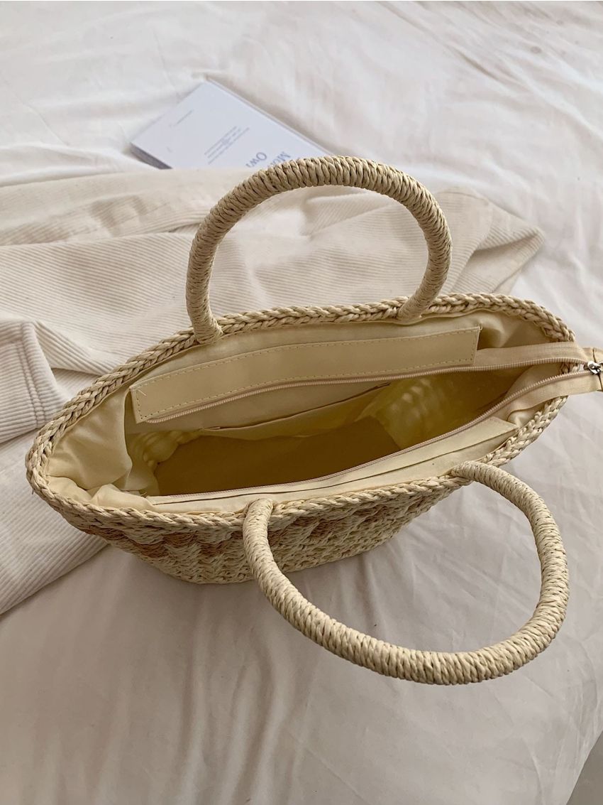 Two Tone Straw Bag With Zipper