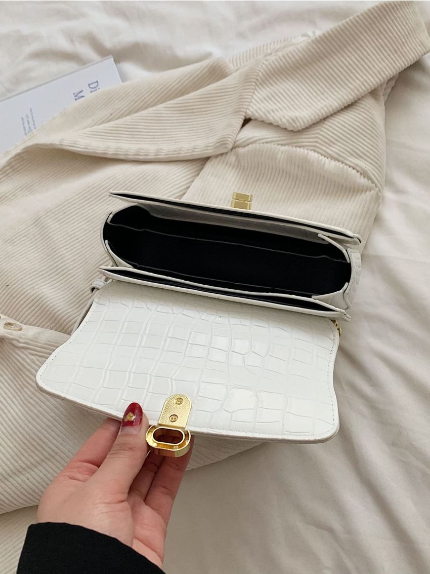 Mini Square Bag Fashionable White Crocodile Embossed Chain Flap PU