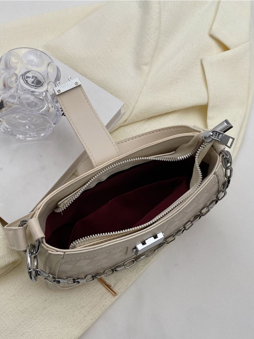 Small Hobo Bag Geometric Embossed Metal & Chain Decor