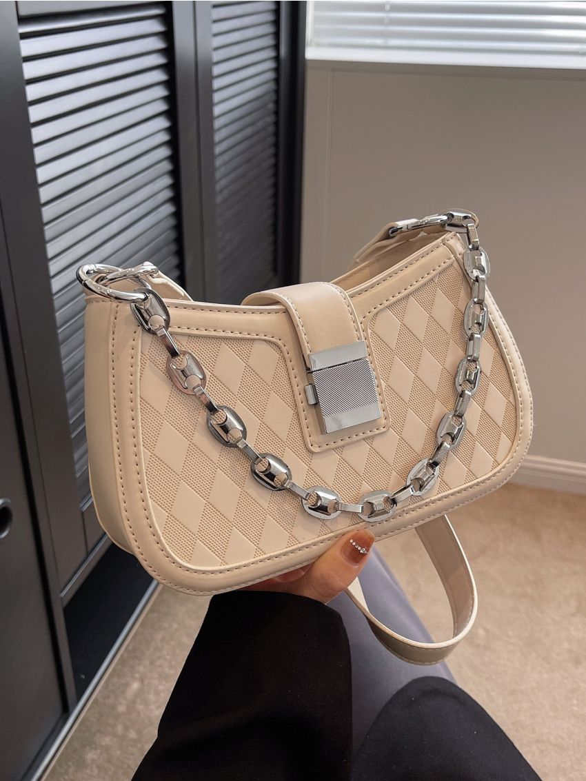 Small Hobo Bag Geometric Embossed Metal & Chain Decor