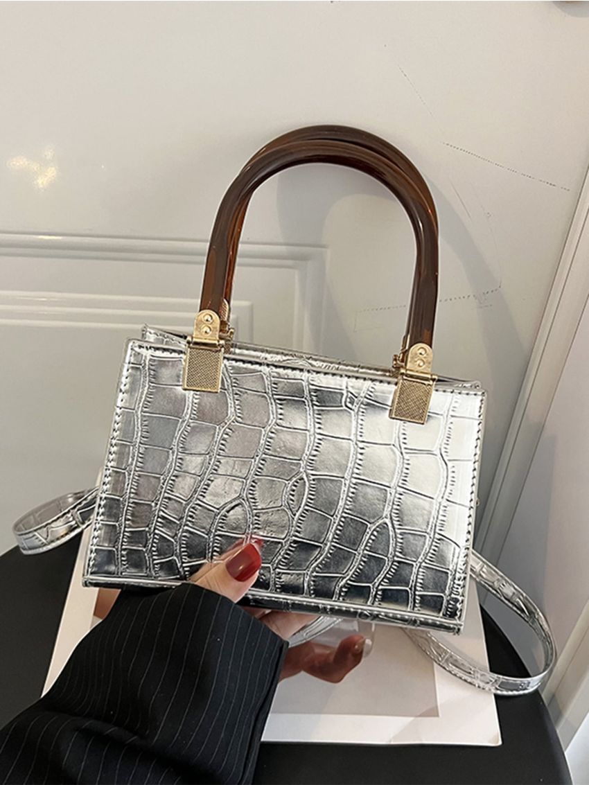 Mini Square Bag Crocodile Embossed Metallic Silver Funky
