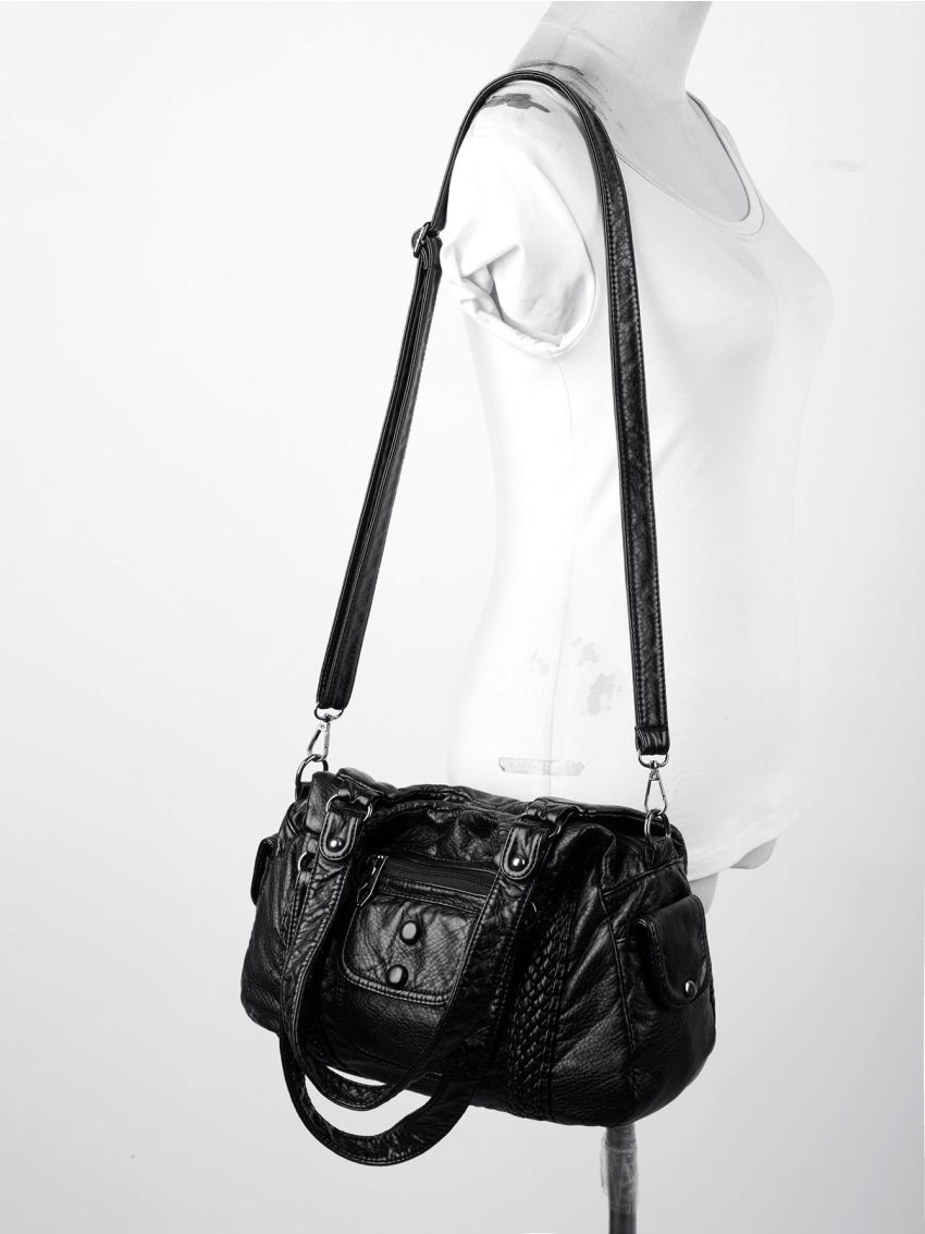 Medium Shoulder Tote Bag Button Decor Braided Detail