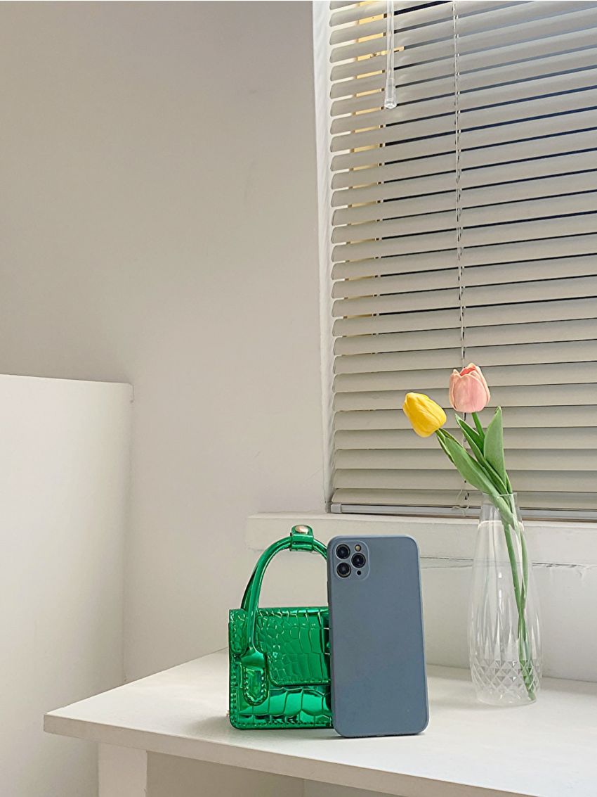 Mini Square Bag Metallic Crocodile Embossed Double Handle Chain Strap