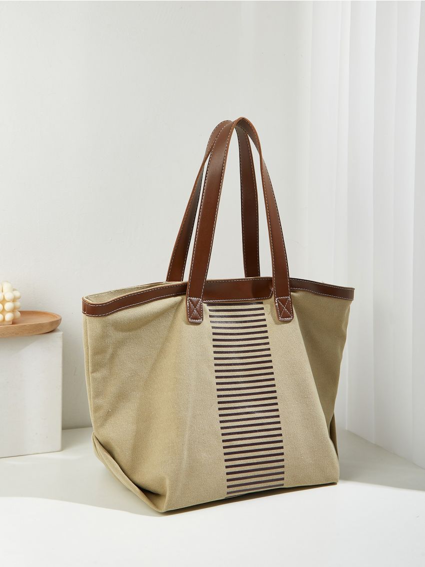 Stripe Pattern Shoulder Tote Bag Double Handle Fashion Style
