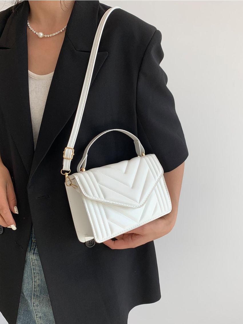 Chevron Square Bag Flap Small Mini White