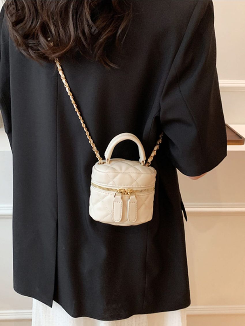 Quilted Bucket Bag Mini Top Handle Beige