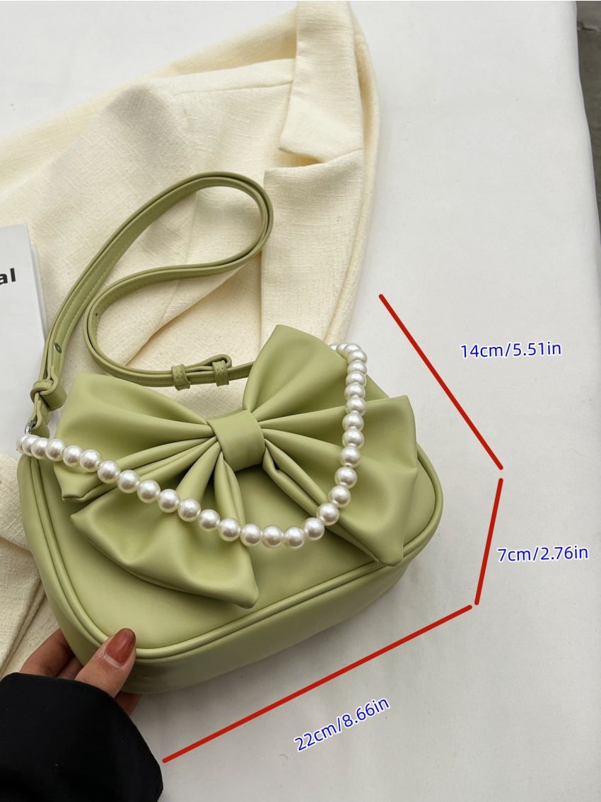 Bow Decor Hobo Bag Faux Pearl Beaded Small Green