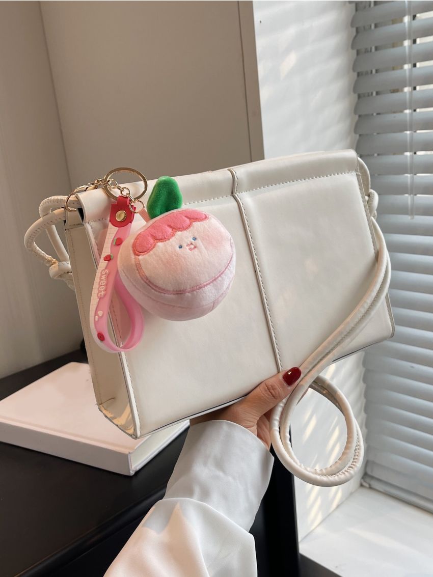 Beige Square Bag Stitch Detail Top Handle With Bag Charm For Work