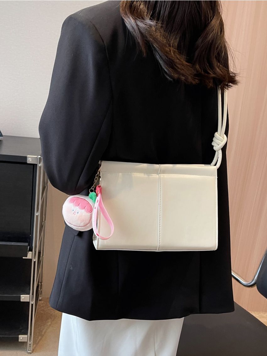 Beige Square Bag Stitch Detail Top Handle With Bag Charm For Work