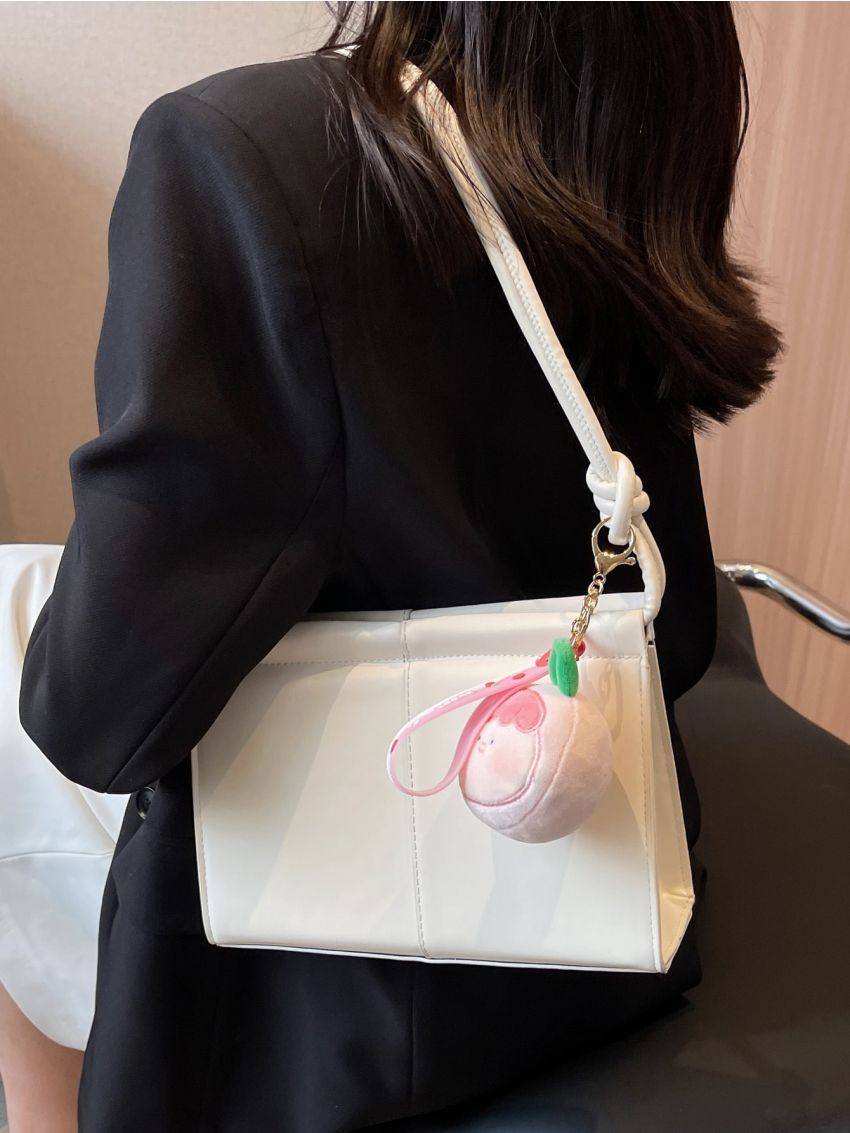 Beige Square Bag Stitch Detail Top Handle With Bag Charm For Work