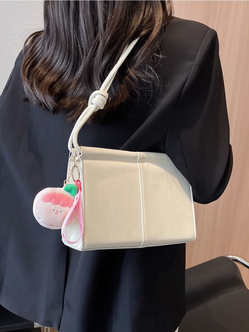 Beige Square Bag Stitch Detail Top Handle With Bag Charm For Work