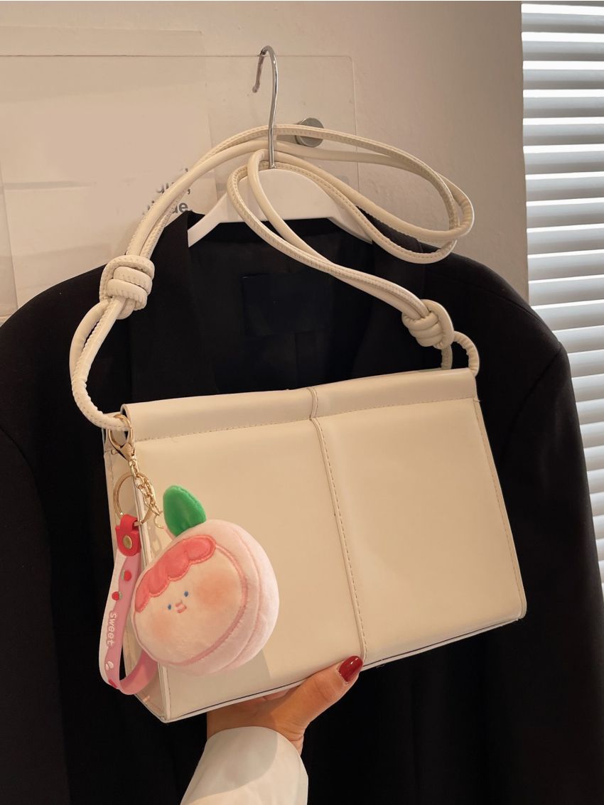 Beige Square Bag Stitch Detail Top Handle With Bag Charm For Work