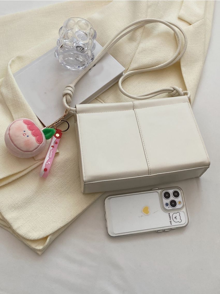 Beige Square Bag Stitch Detail Top Handle With Bag Charm For Work