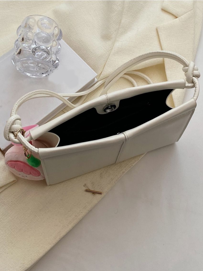 Beige Square Bag Stitch Detail Top Handle With Bag Charm For Work